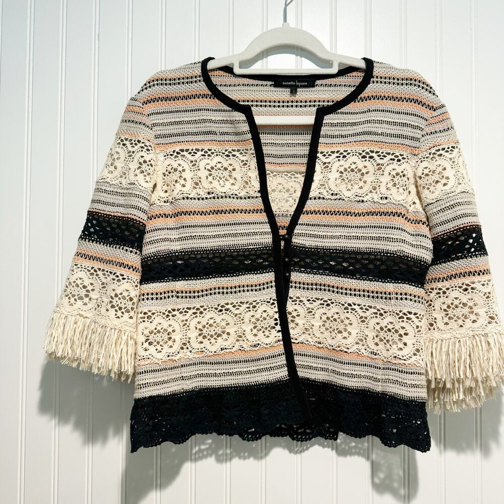Nanette Lapore Striped Lace Cropped Jacket Cardigan Fringed Sleeves Size 2 - Picture 1 of 5